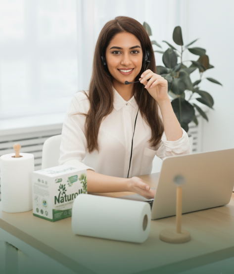 Friendly customer service representative with a headset smiling at her desk.